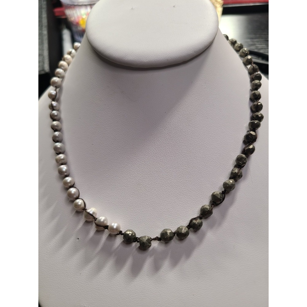 Lizou London Pyrite & Freshwater Pearl Necklace Leather Sterling Silver 24"